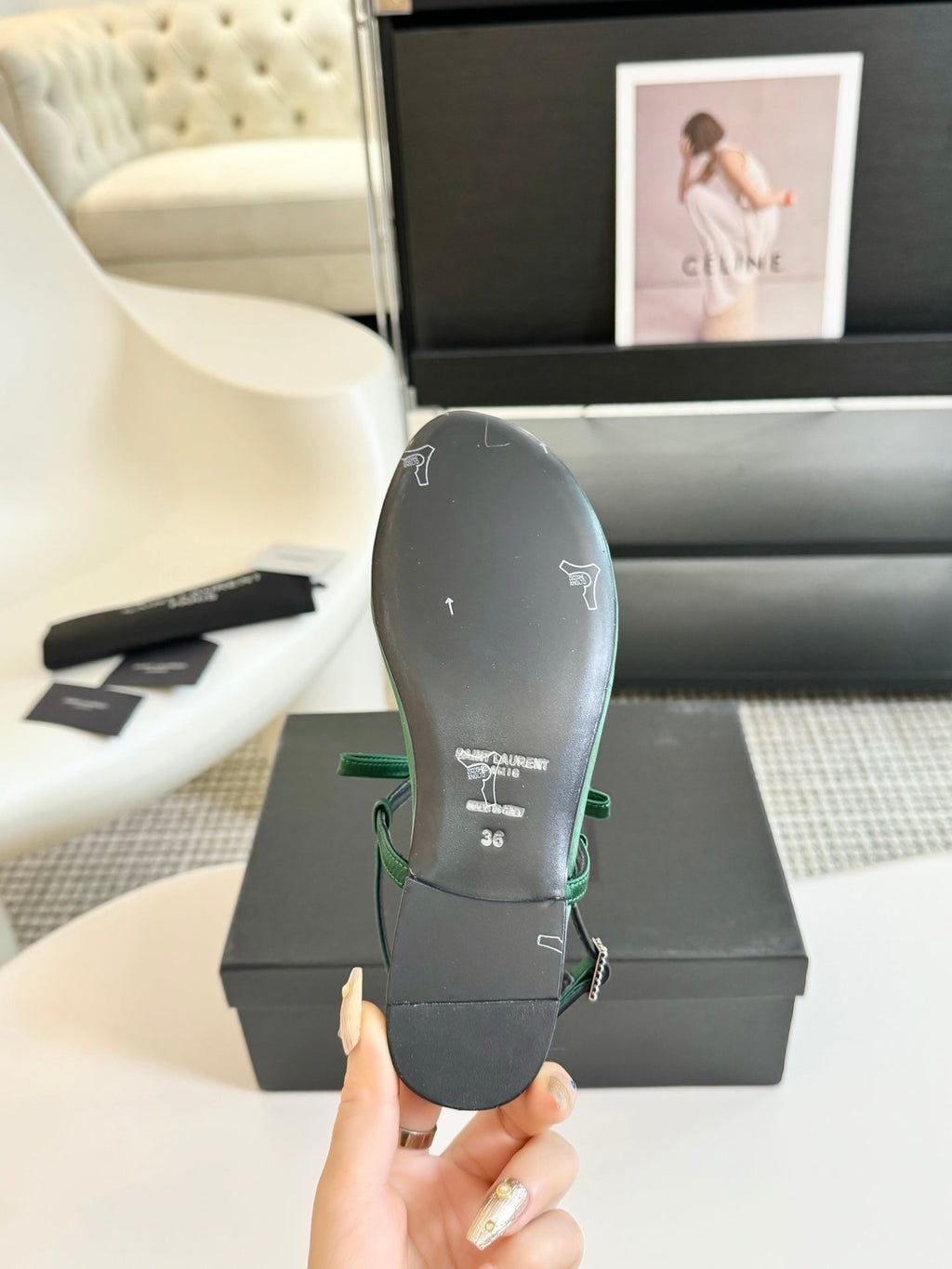 SL Silk Bow T-Strap Flat Sandals Green Leather