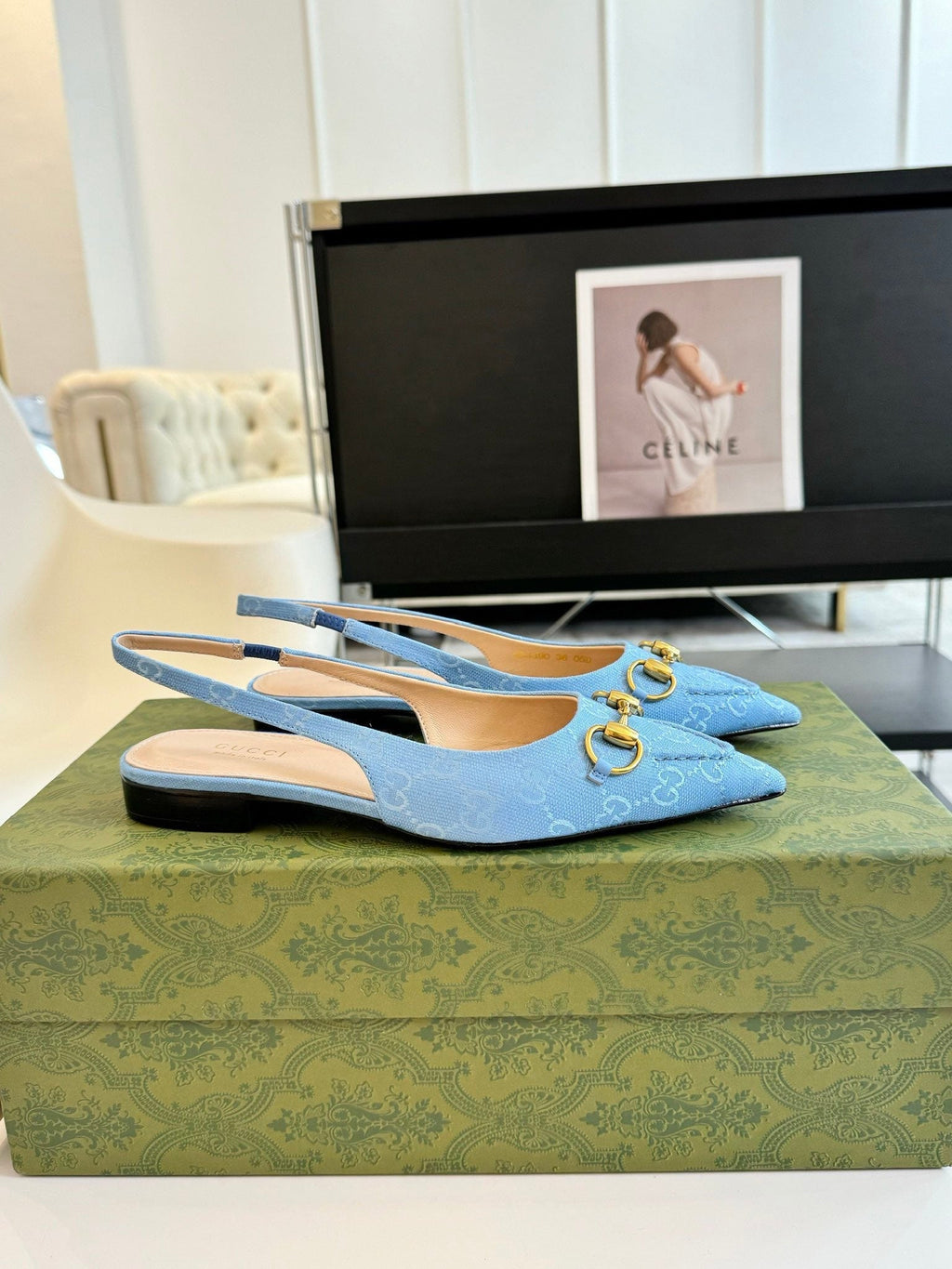 GG HORSEBIT SLINGBACK BALLET FLAT SKY CANVAS