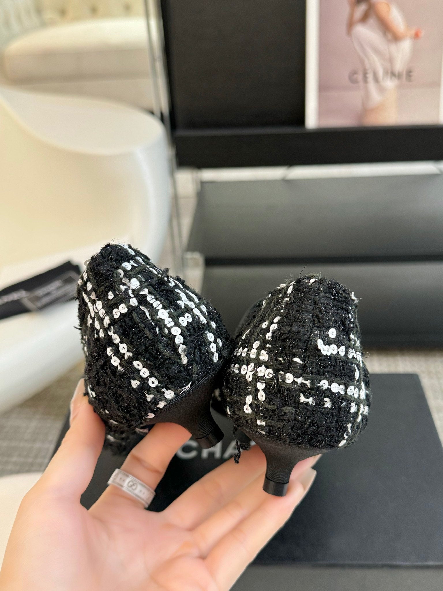 CC MARY JANE IN BLACK MIX WHITE WOOL TWEED