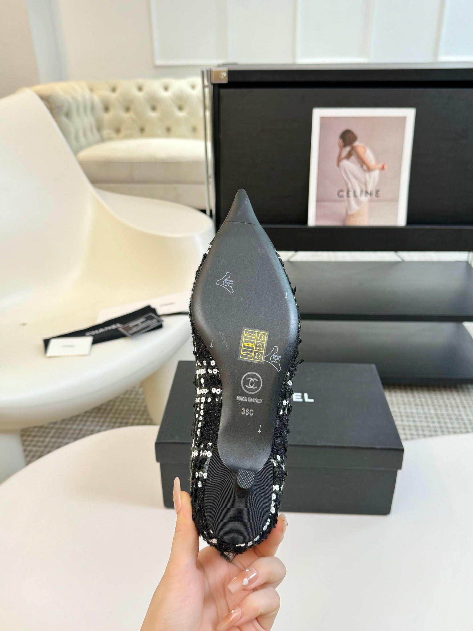 CC MARY JANE IN BLACK MIX WHITE WOOL TWEED