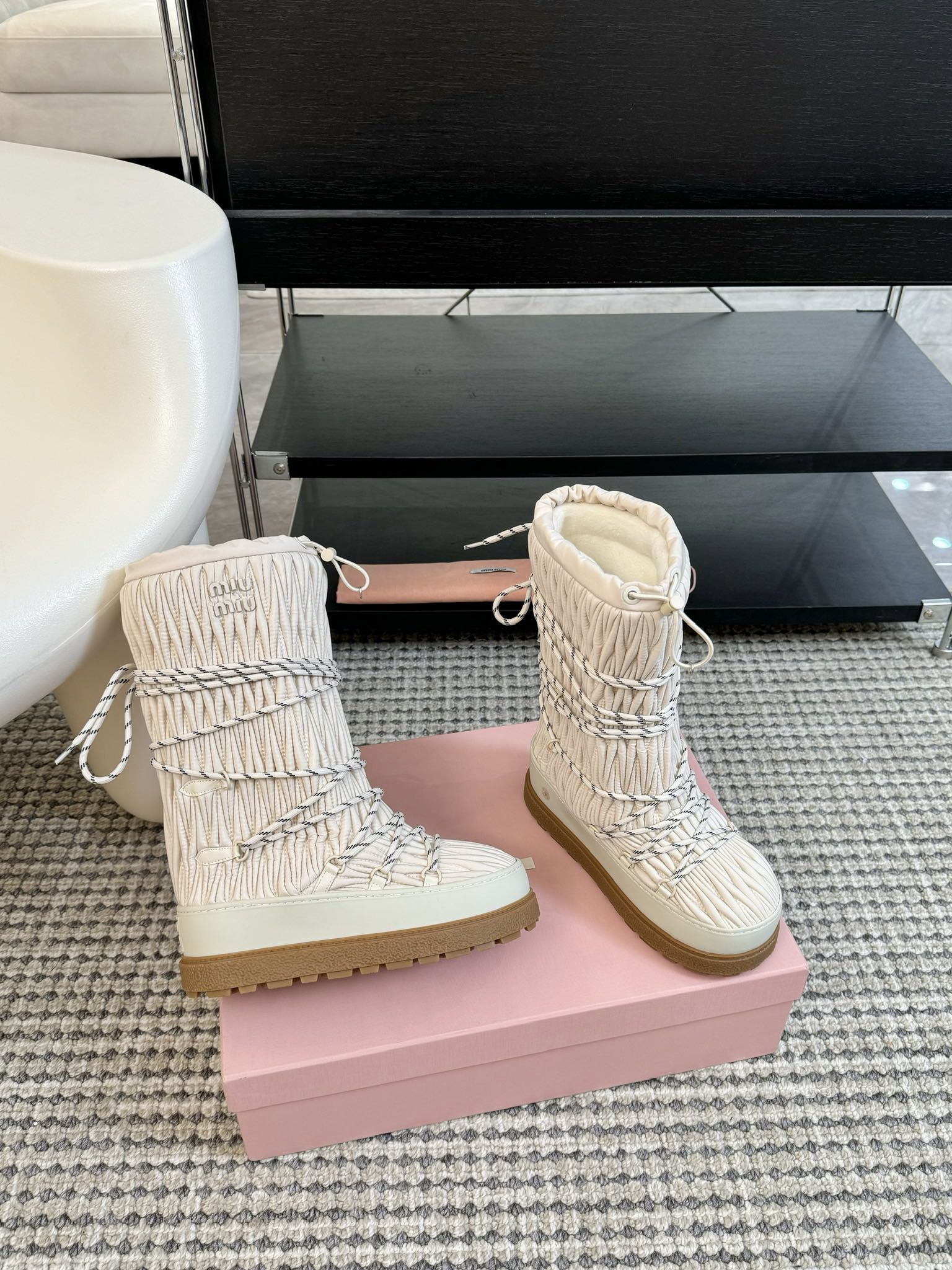 SNOW LONG BOOTS IN COSMIC LATTE WRINKLED NYLON