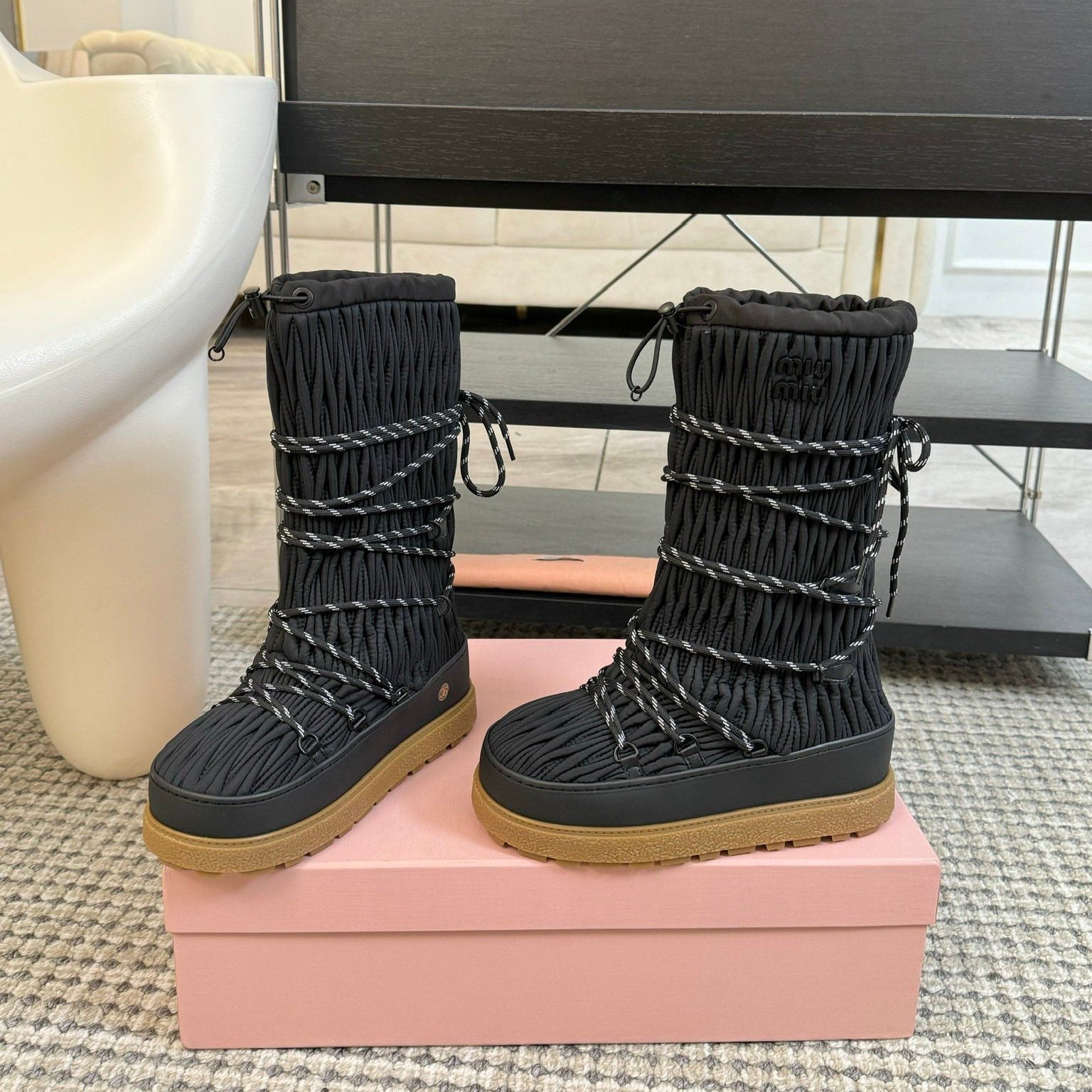 SNOW LONG BOOTS IN BLACK WRINKLED NYLON