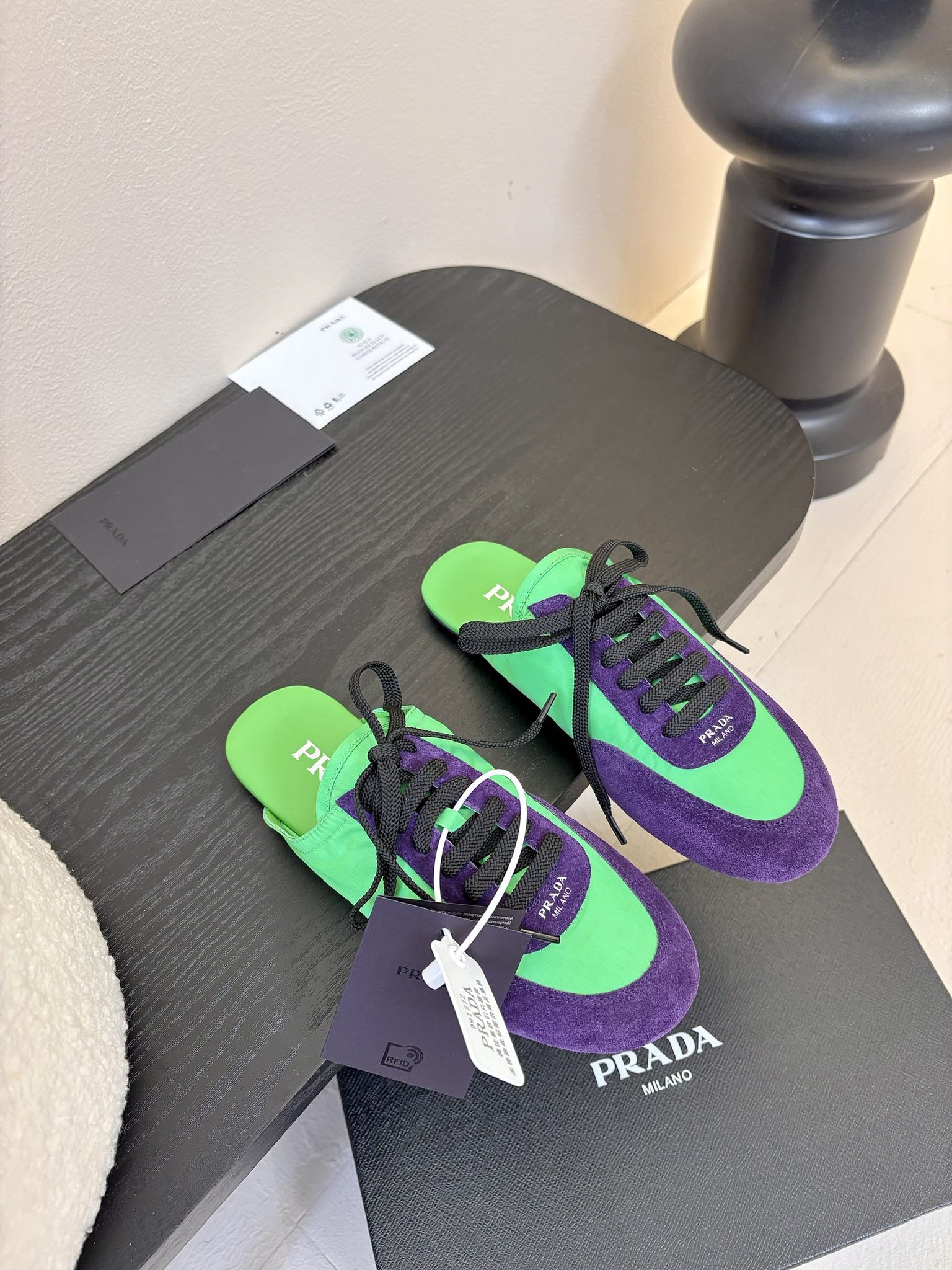 SNEAKER MULES IN GREEN NYLON AND PURPLE SUEDE