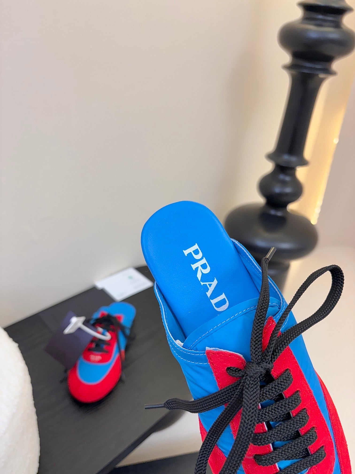 SNEAKER MULES IN BLUE NYLON AND RED SUEDE