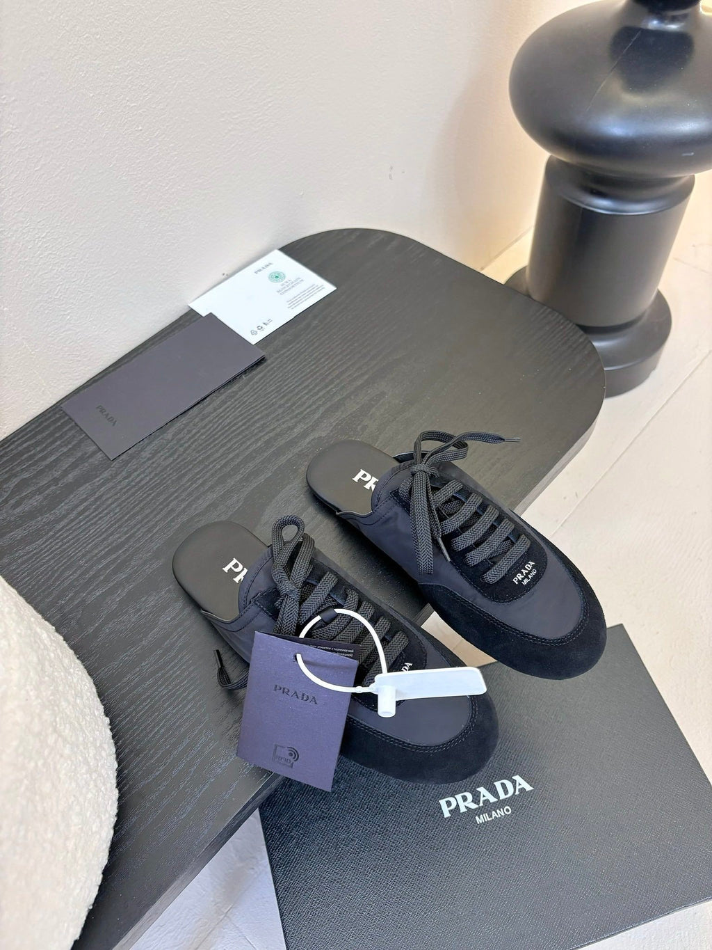 SNEAKER MULES IN BLACK NYLON AND SUEDE