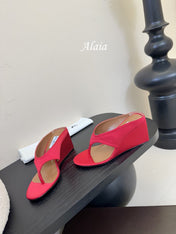 ALAIA WEDGE THONG SANDALS 25S IN RED SATIN