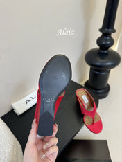 ALAIA WEDGE THONG SANDALS 25S IN RED SATIN