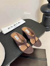ALAIA WEDGE THONG SANDALS 25S IN BROWN SATIN