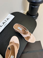 ALAIA WEDGE THONG SANDALS 25S IN BLUSH BEIGE SATIN