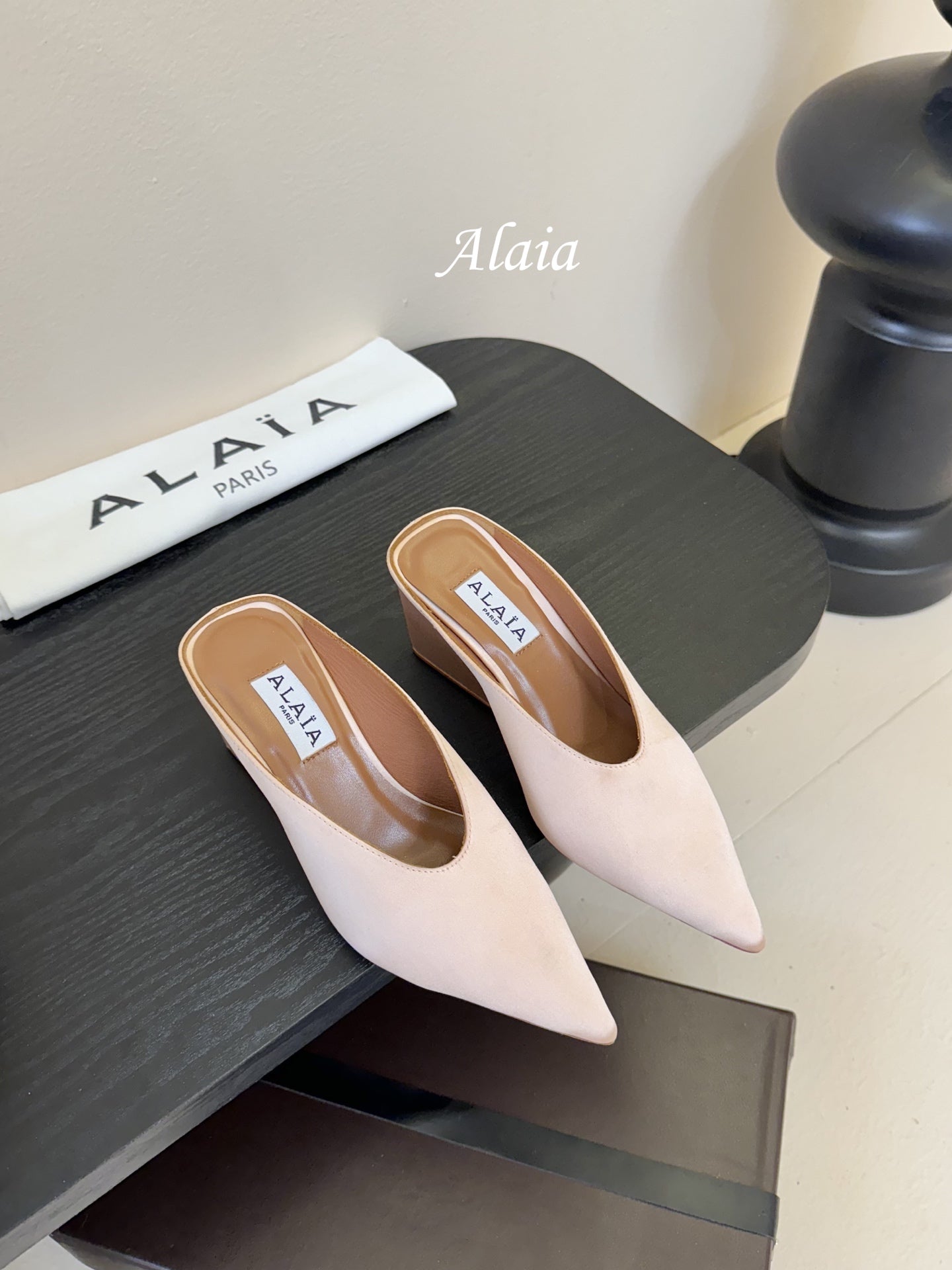 ALAIA HIGH MULES 25S IN BLUSH BEIGE SATIN