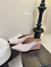 ALAIA HIGH MULES 25S IN BLUSH BEIGE SATIN