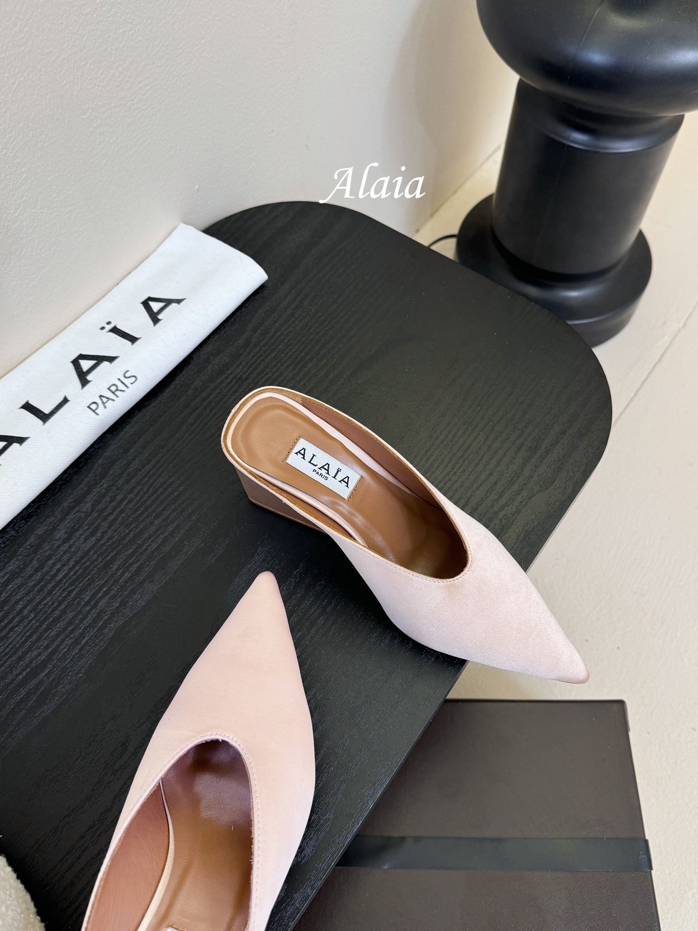 ALAIA HIGH MULES 25S IN BLUSH BEIGE SATIN