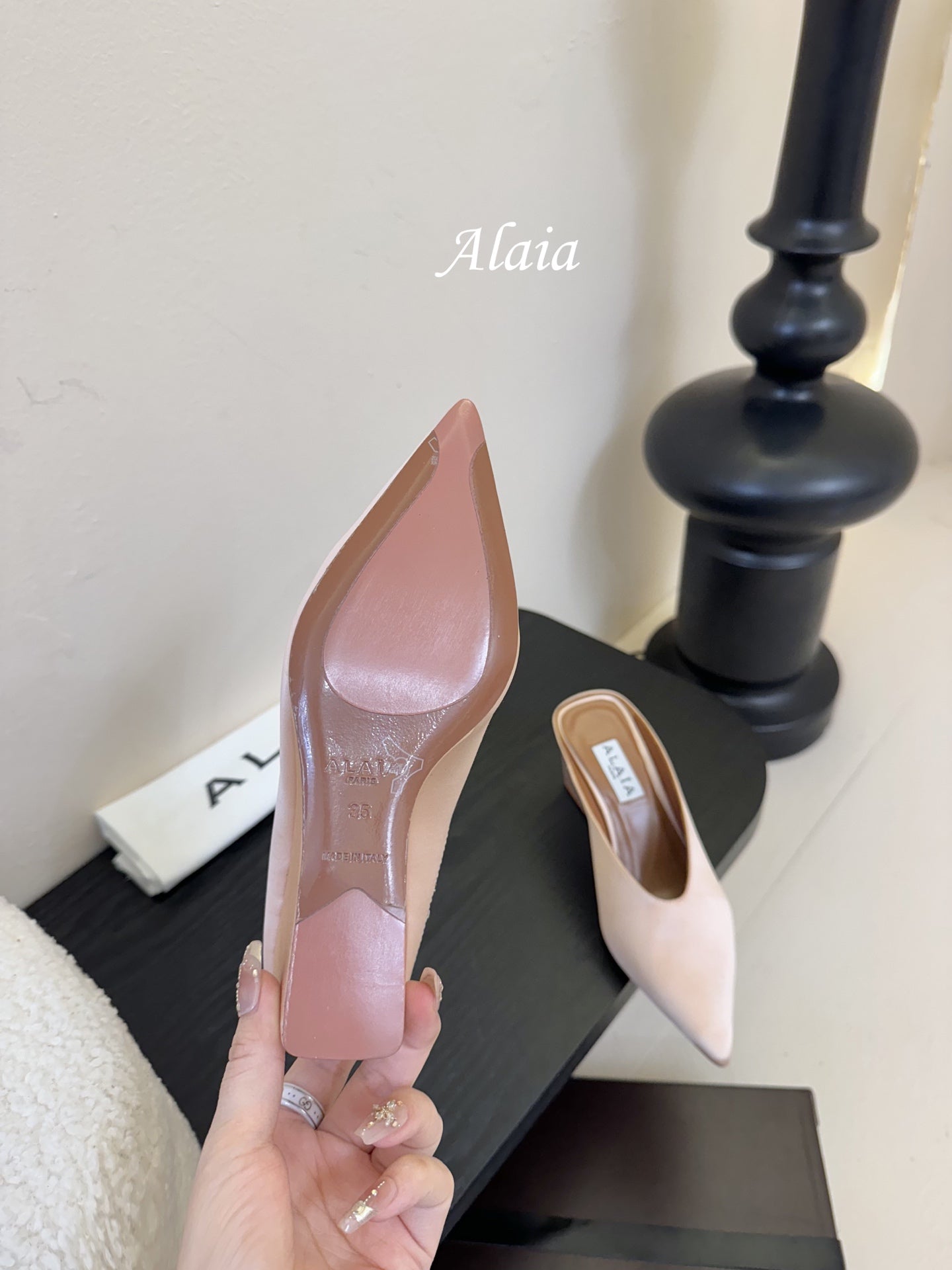ALAIA HIGH MULES 25S IN BLUSH BEIGE SATIN