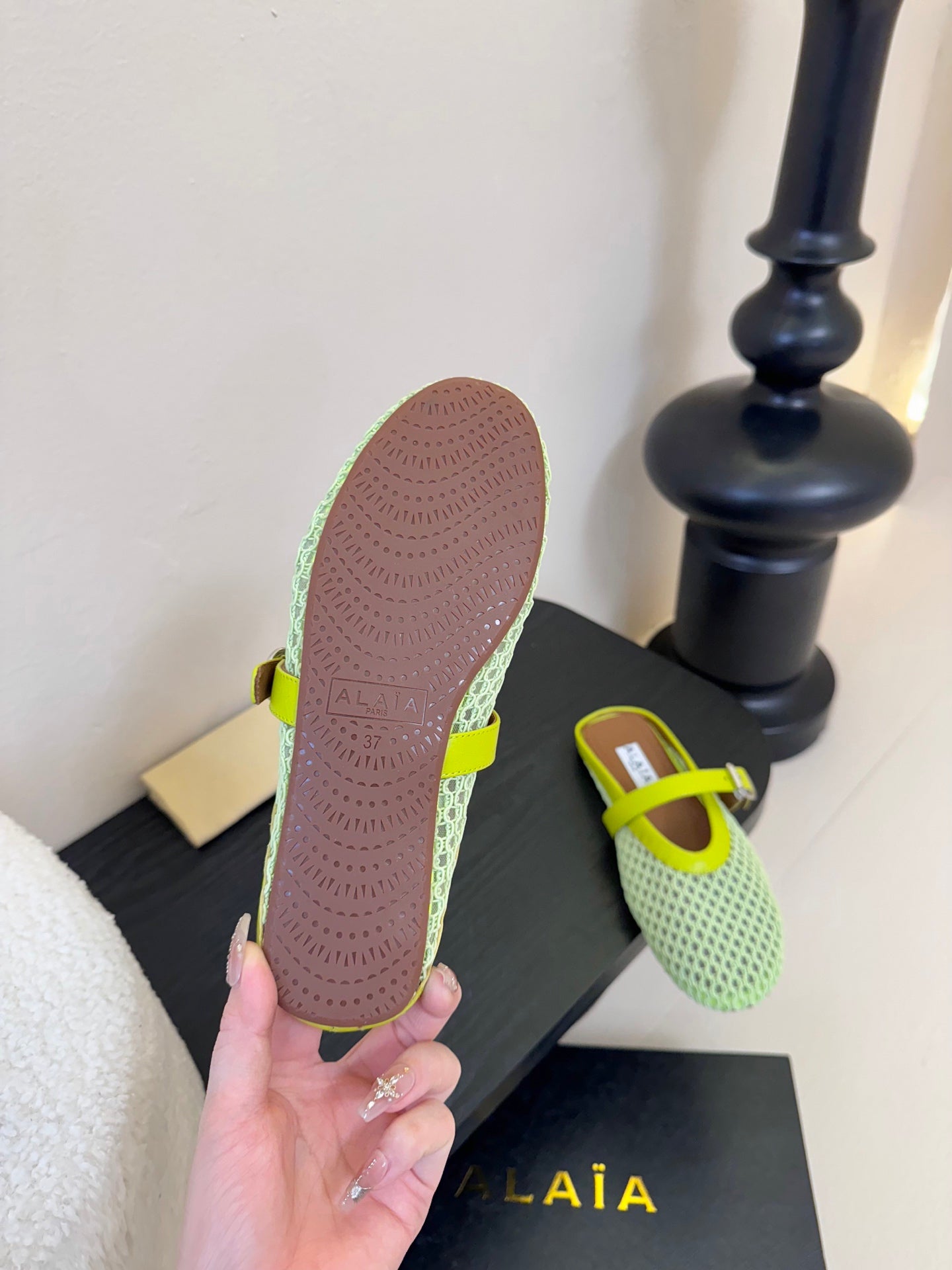 ALAIA FLAT MULES 25S IN MINT GREEN WOVEN MESH