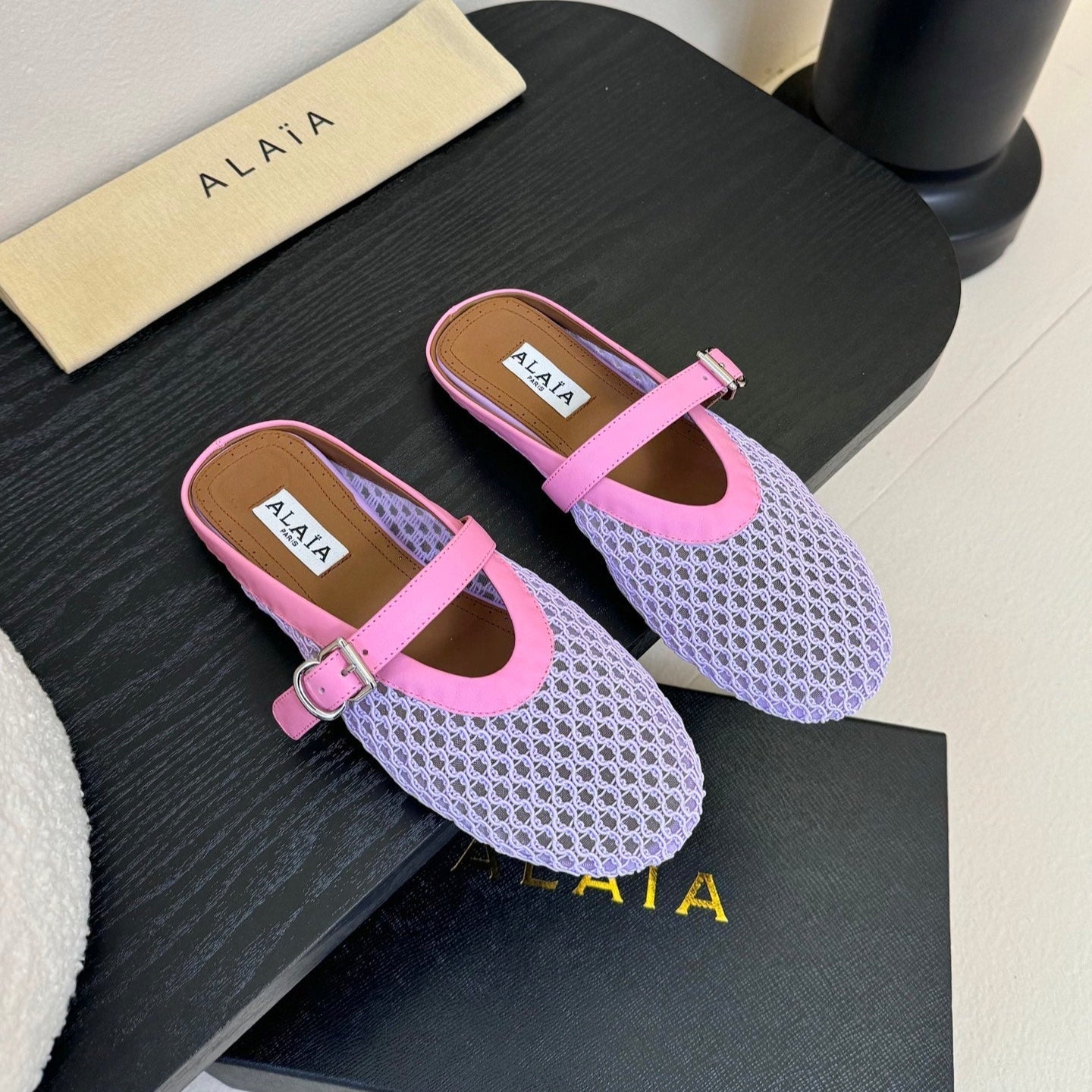 ALAIA FLAT MULES 25S IN PURPLE MIX PINK WOVEN MESH