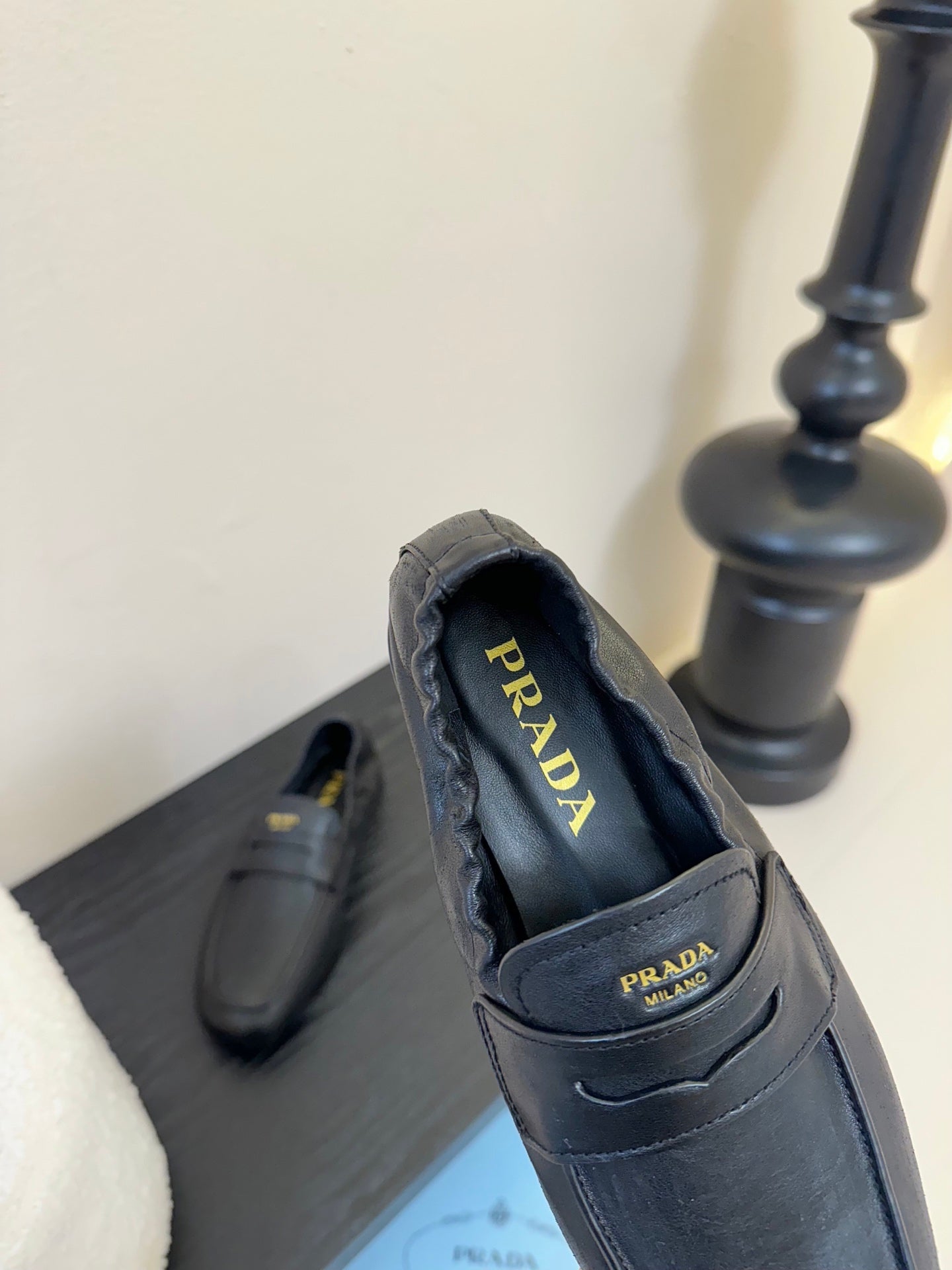 PRADA 25S SHUFFLE LOAFERS IN BLACK CALFSKIN