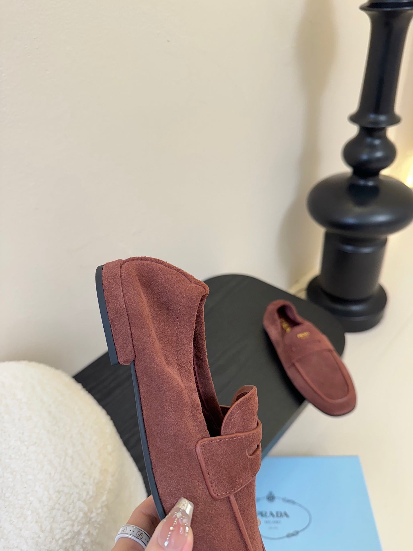 PRADA 25S SHUFFLE LOAFERS IN DARK BROWN SUEDE