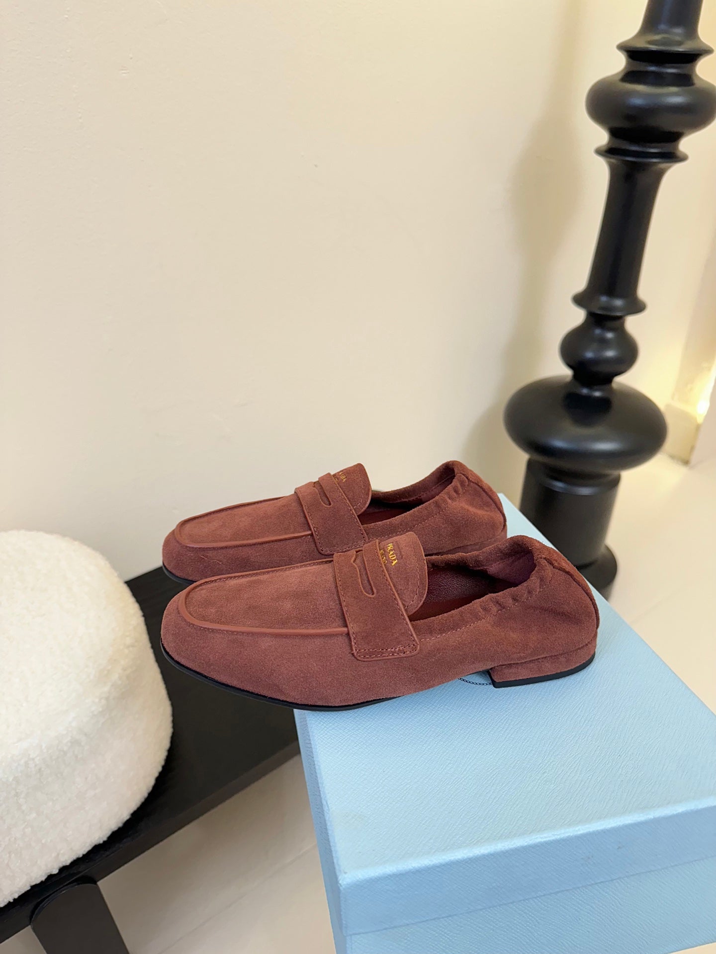 PRADA 25S SHUFFLE LOAFERS IN DARK BROWN SUEDE