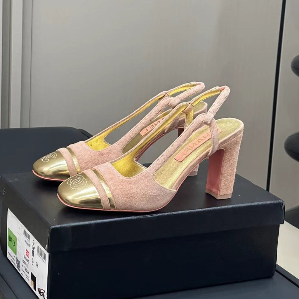 HIGH SLINGBACKS IN LIGHT PINK SUEDE AND GOLDEN LAMBSKIN