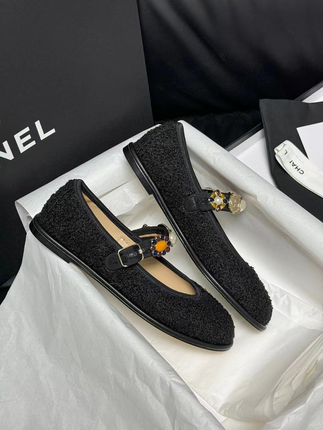 CC MARY JANES BLACK WOOL TWEED AND FABRIC