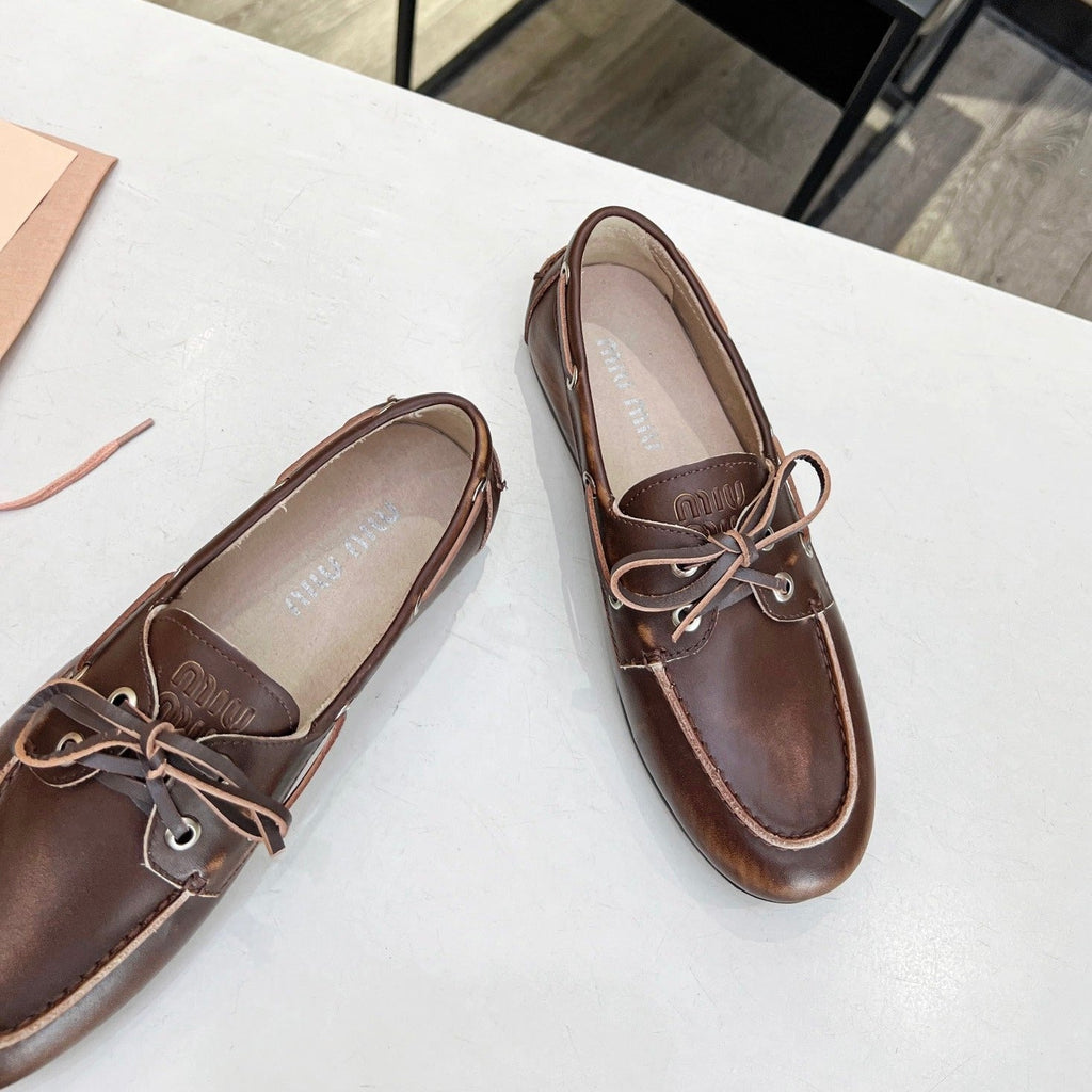 Lace-up Retro Loafers Walnut Color Cowhide