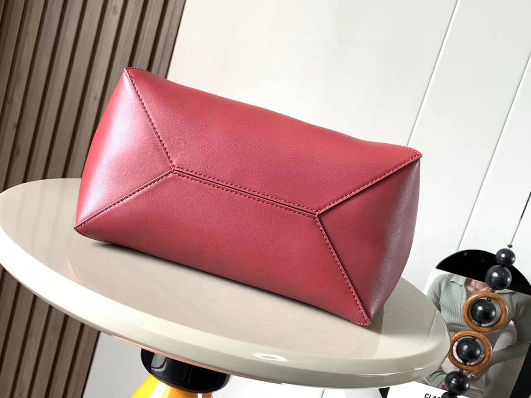 LOEWE 25S PUZZLE FOLD BAG 31 IN SOCOLA AND MAROON SHINY CALFSKIN