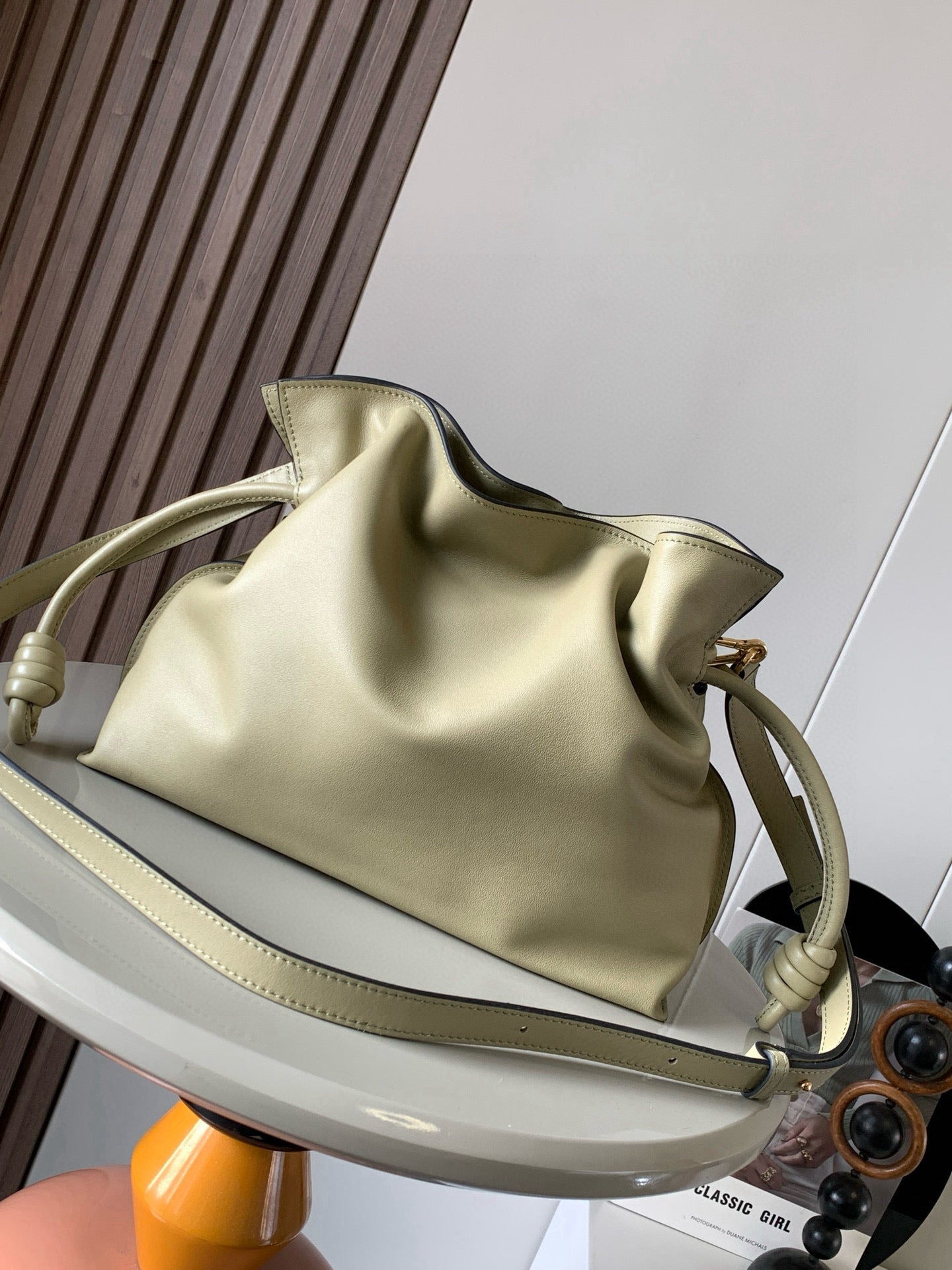 LOEWE 25S LARGE FLAMENCO CLUTCH BAG 30 IN DUSTY KHAKI CALFSKIN