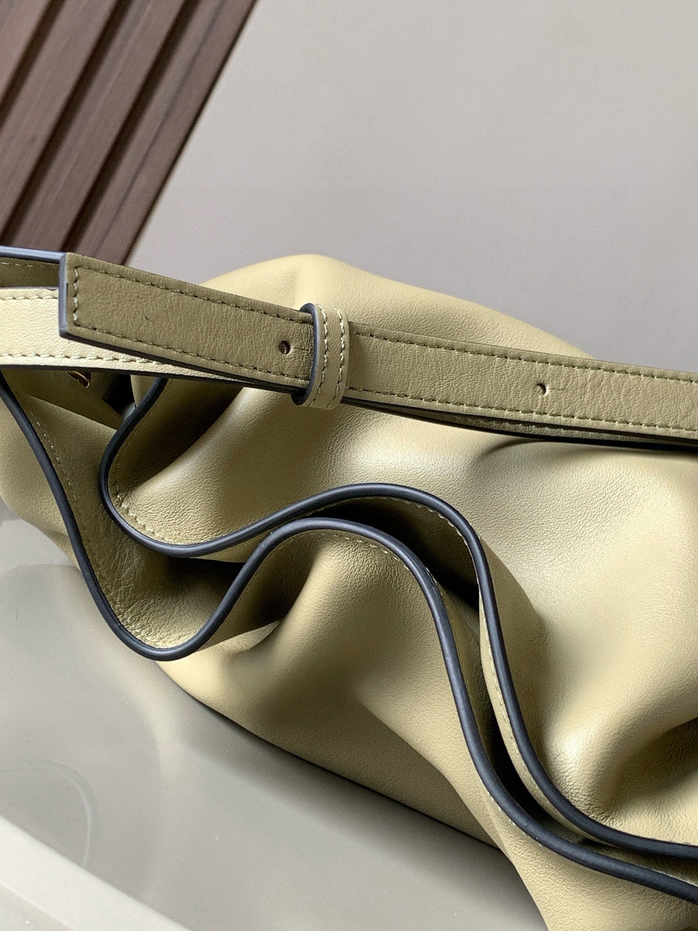 LOEWE 25S LARGE FLAMENCO CLUTCH BAG 30 IN DUSTY KHAKI CALFSKIN