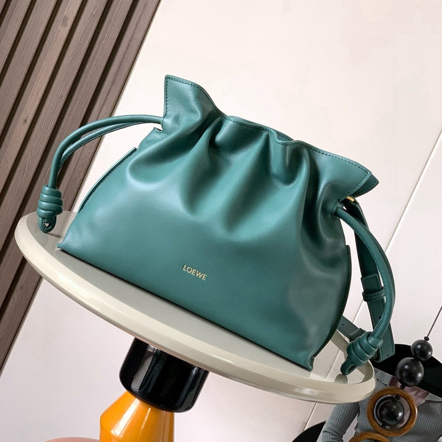 LOEWE 25S LARGE FLAMENCO CLUTCH BAG 30 IN DEEP TEAL CALFSKIN