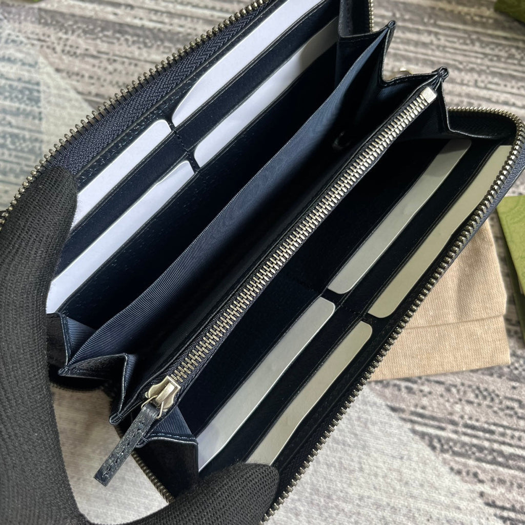OPHIDIA GG 19 ZIP AROUND WALLET DARK BLUE CANVAS AND BLACK CALFSKIN