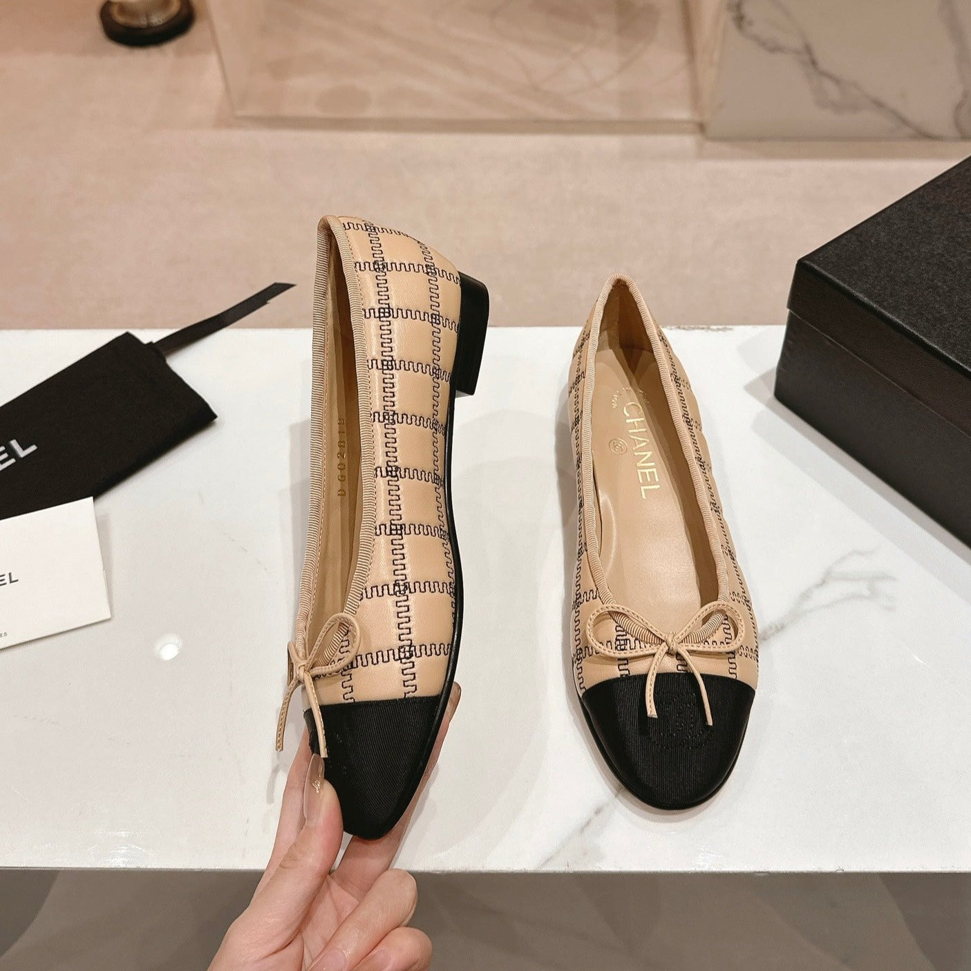 Double C New Ballet Flats Dark Cream Black Lambskin