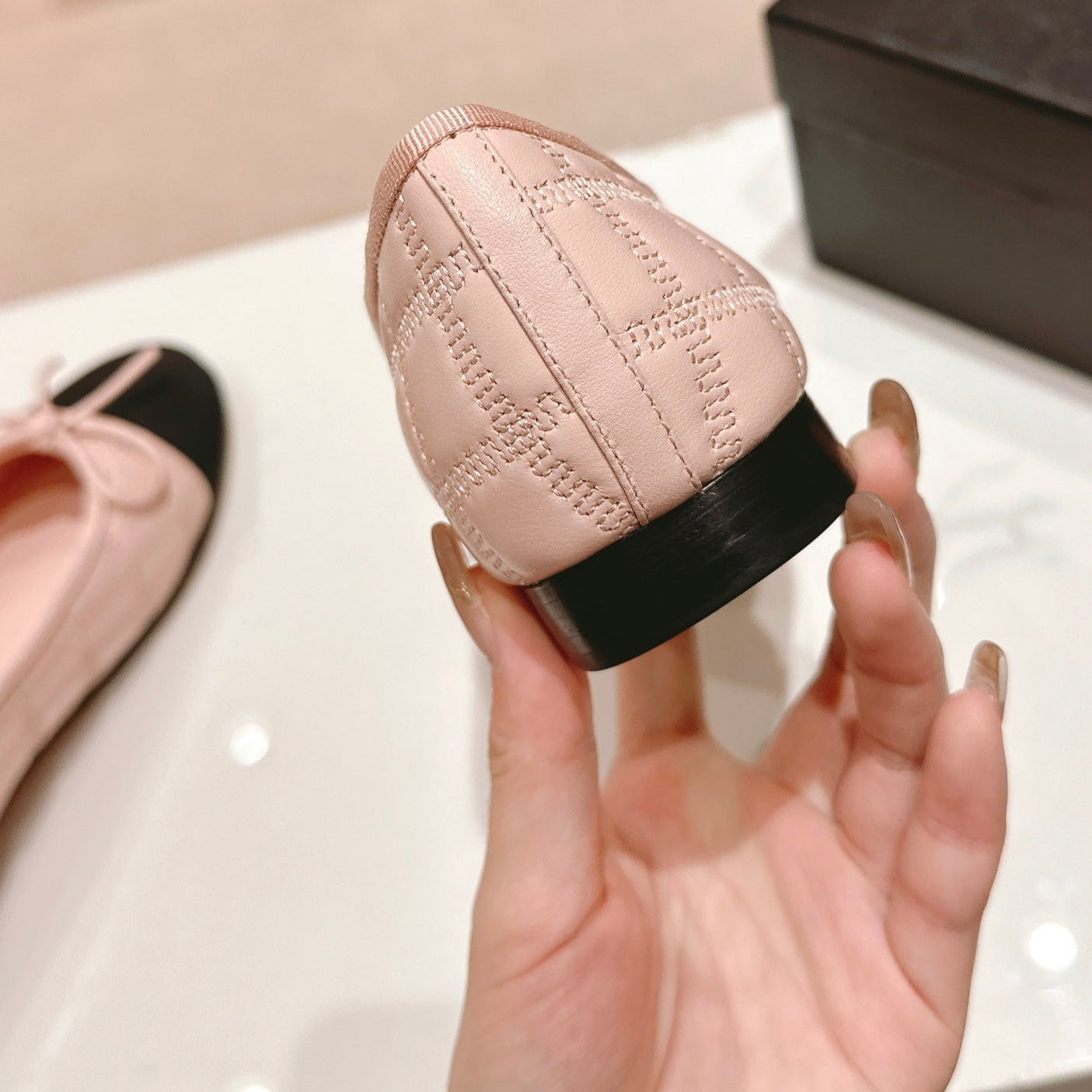 Double C New Ballet Flats Light Pink Black Lambskin