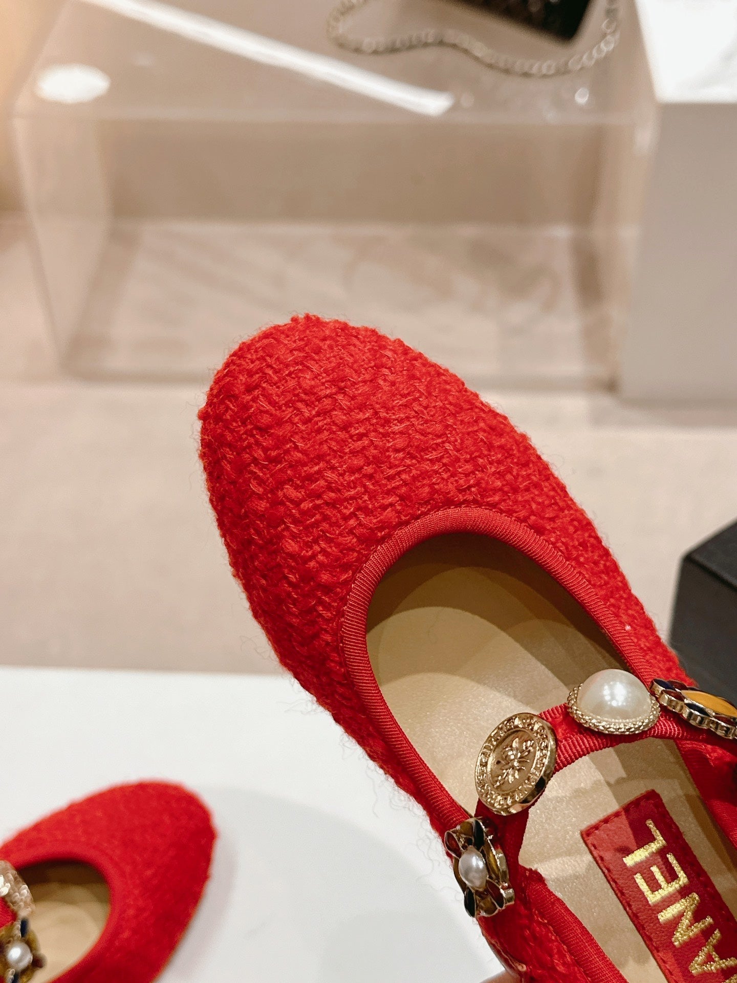 HIGH MARY JANE SHOES RED PINK WOOL TWEED