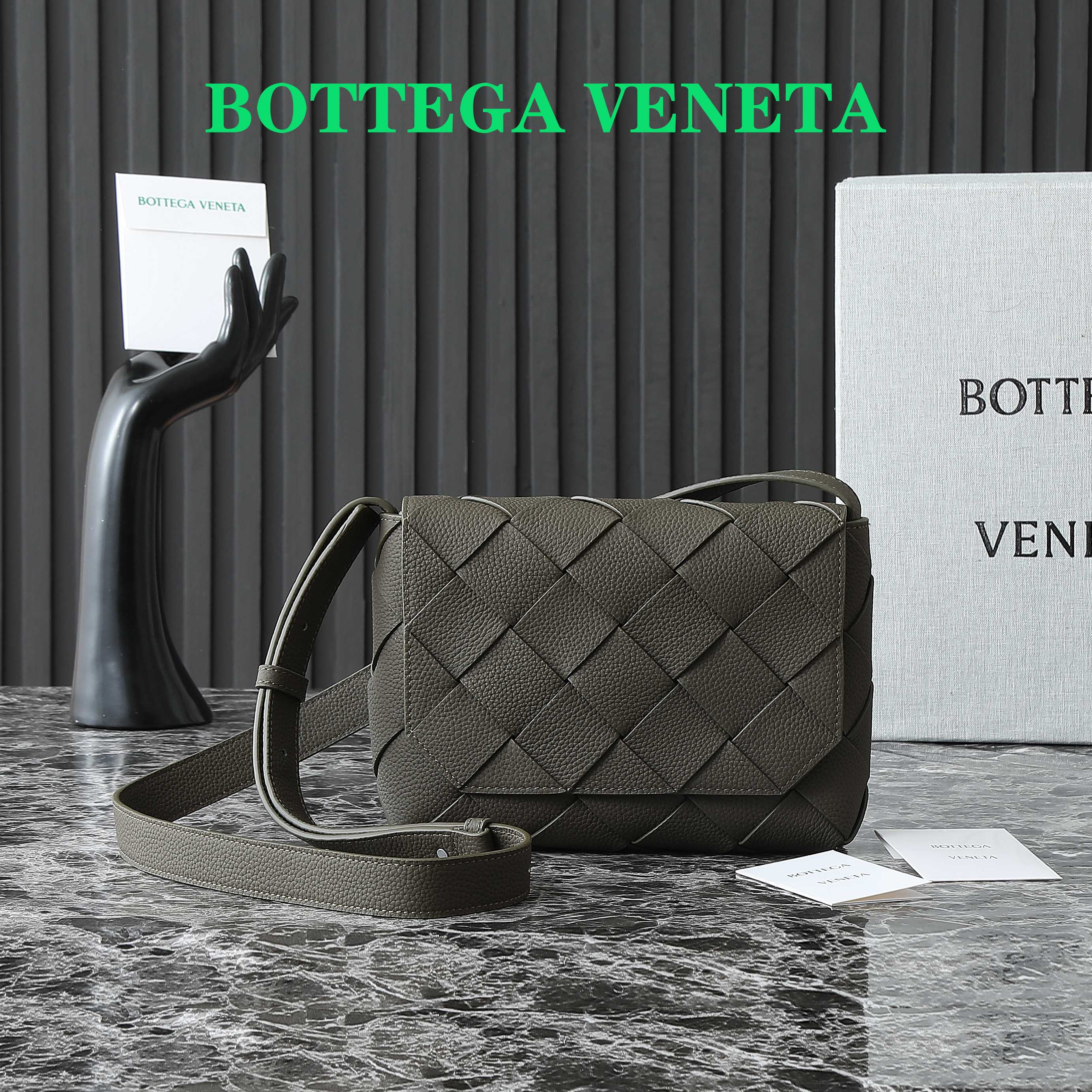 BOTTEGA VENETA 25S DIAGO 22 IN DARK OLIVE CALFSKIN SILVER HARDWARE