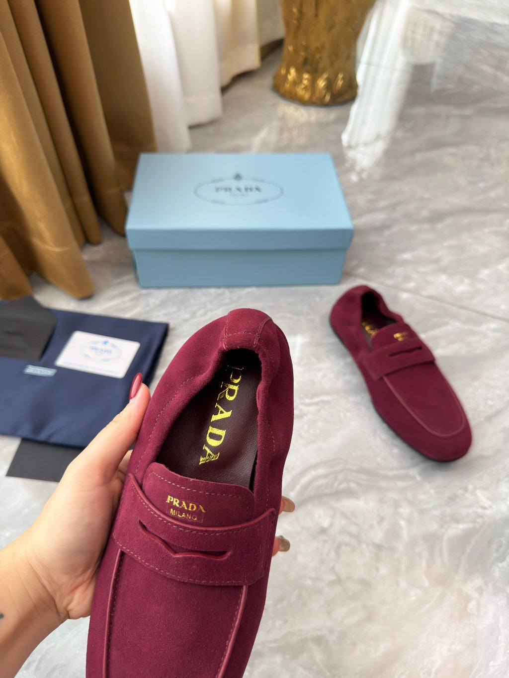 PRADA 25S LOAFERS IN DARK RED SUEDE