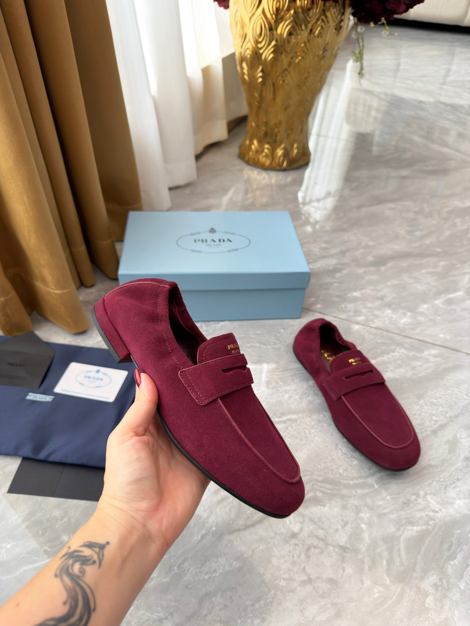 PRADA 25S LOAFERS IN DARK RED SUEDE