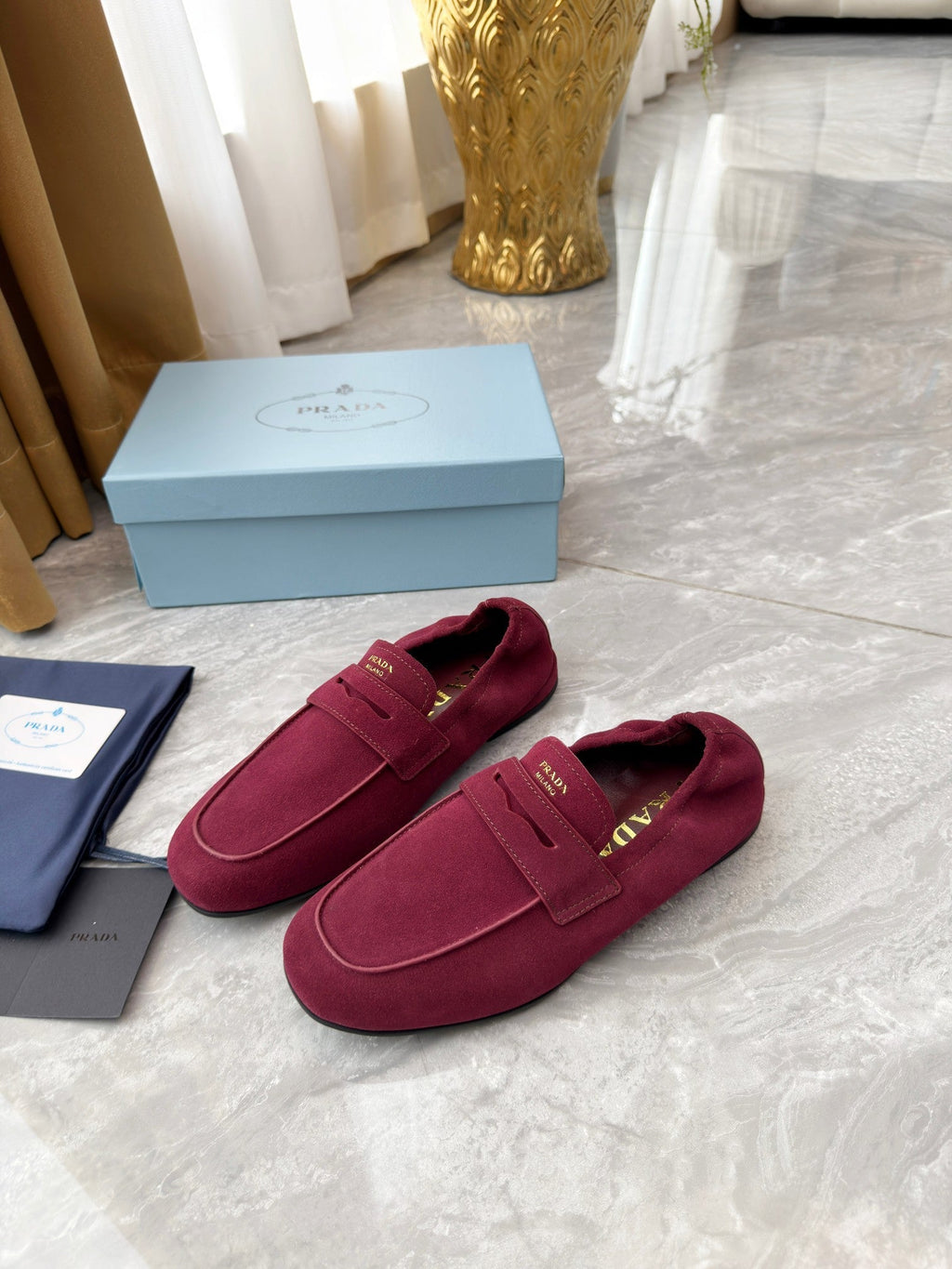 PRADA 25S LOAFERS IN DARK RED SUEDE