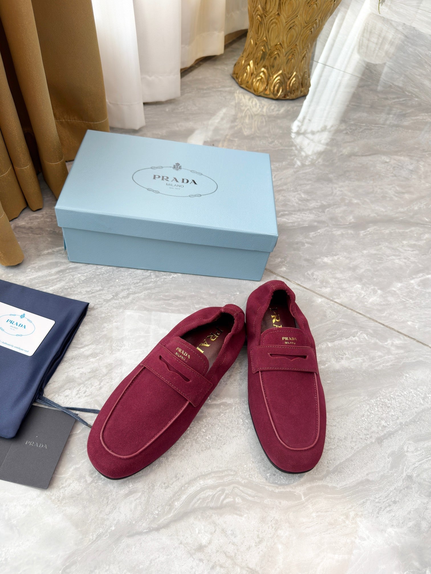 PRADA 25S LOAFERS IN DARK RED SUEDE