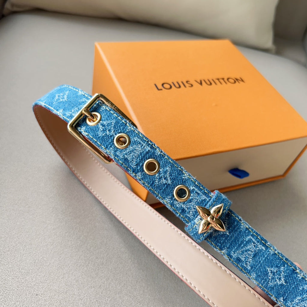 LV FLOWERGRAM ARDILLON 30MM BELT LIGHT BLUE MONOGRAM DENIM GOLD HARDWARE