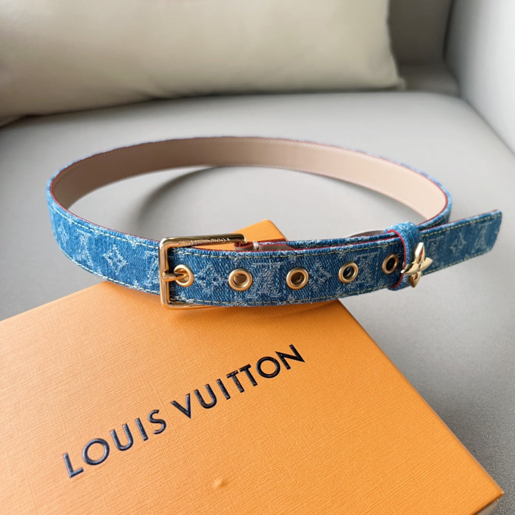 LV FLOWERGRAM ARDILLON 30MM BELT LIGHT BLUE MONOGRAM DENIM GOLD HARDWARE
