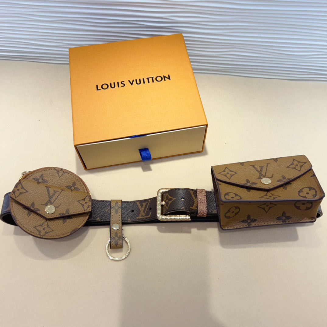 LV MULTI POCKET 30MM BELT IN CAMEL BROWN MONOGRAM CALFSKIN SILVER HARDWARE