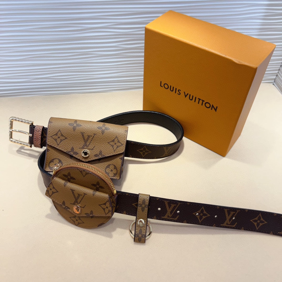LV MULTI POCKET 30MM BELT IN CAMEL BROWN MONOGRAM CALFSKIN SILVER HARDWARE