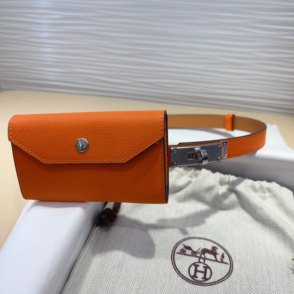 HM KELLY POCKET 18MM BELT ORANGE LEATHER SILVER HARDWARE