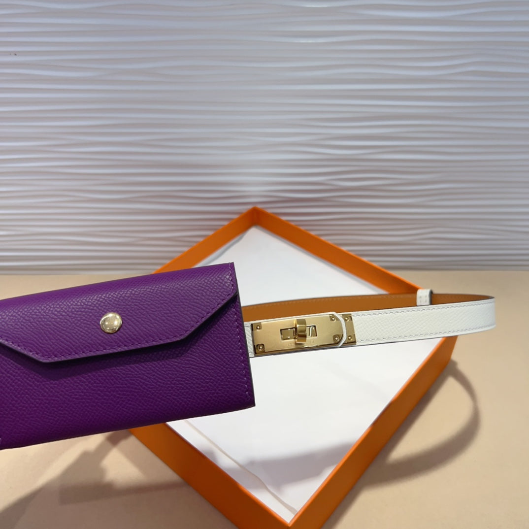 HM KELLY VIOLET PURPLE POCKET 18MM BELT WHITE LEATHER GOLD HARDWARE