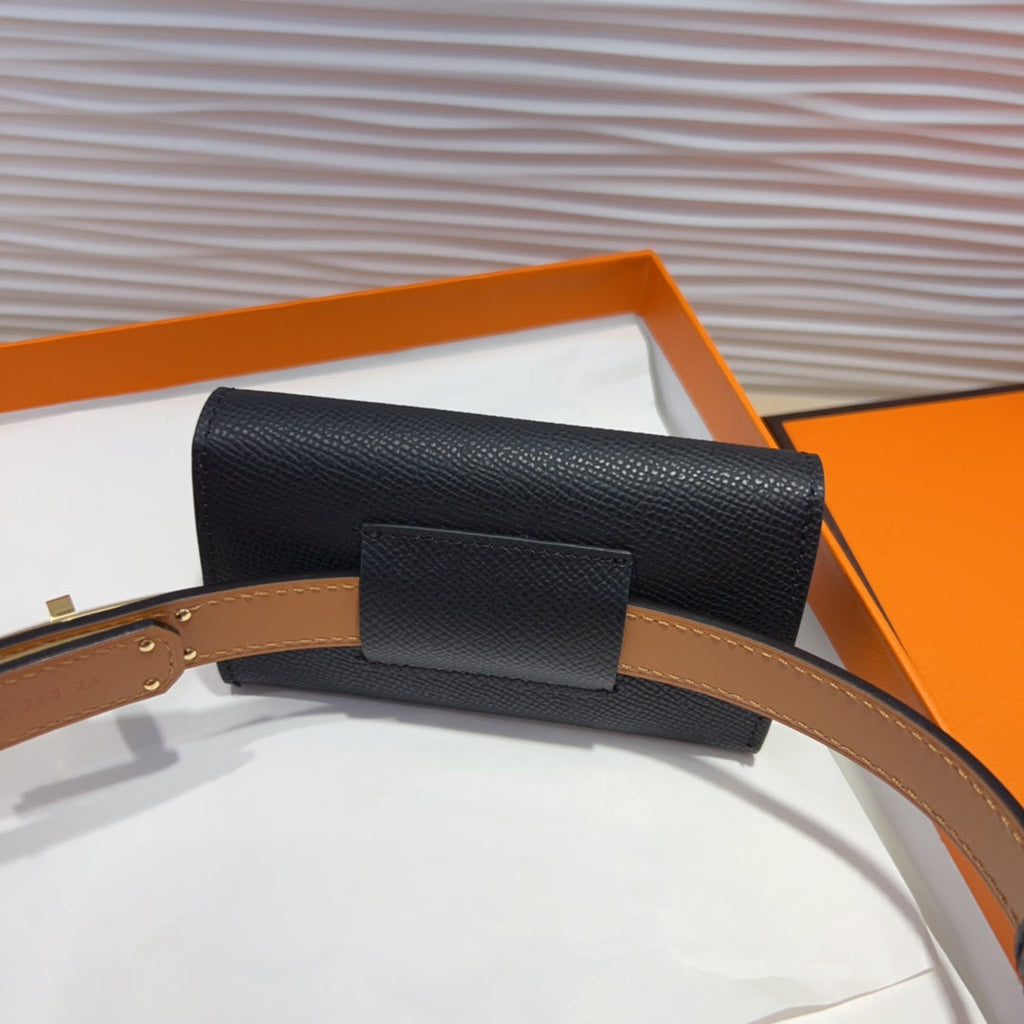 HM KELLY POCKET 18MM BELT BLACK LEATHER GOLD HARDWARE