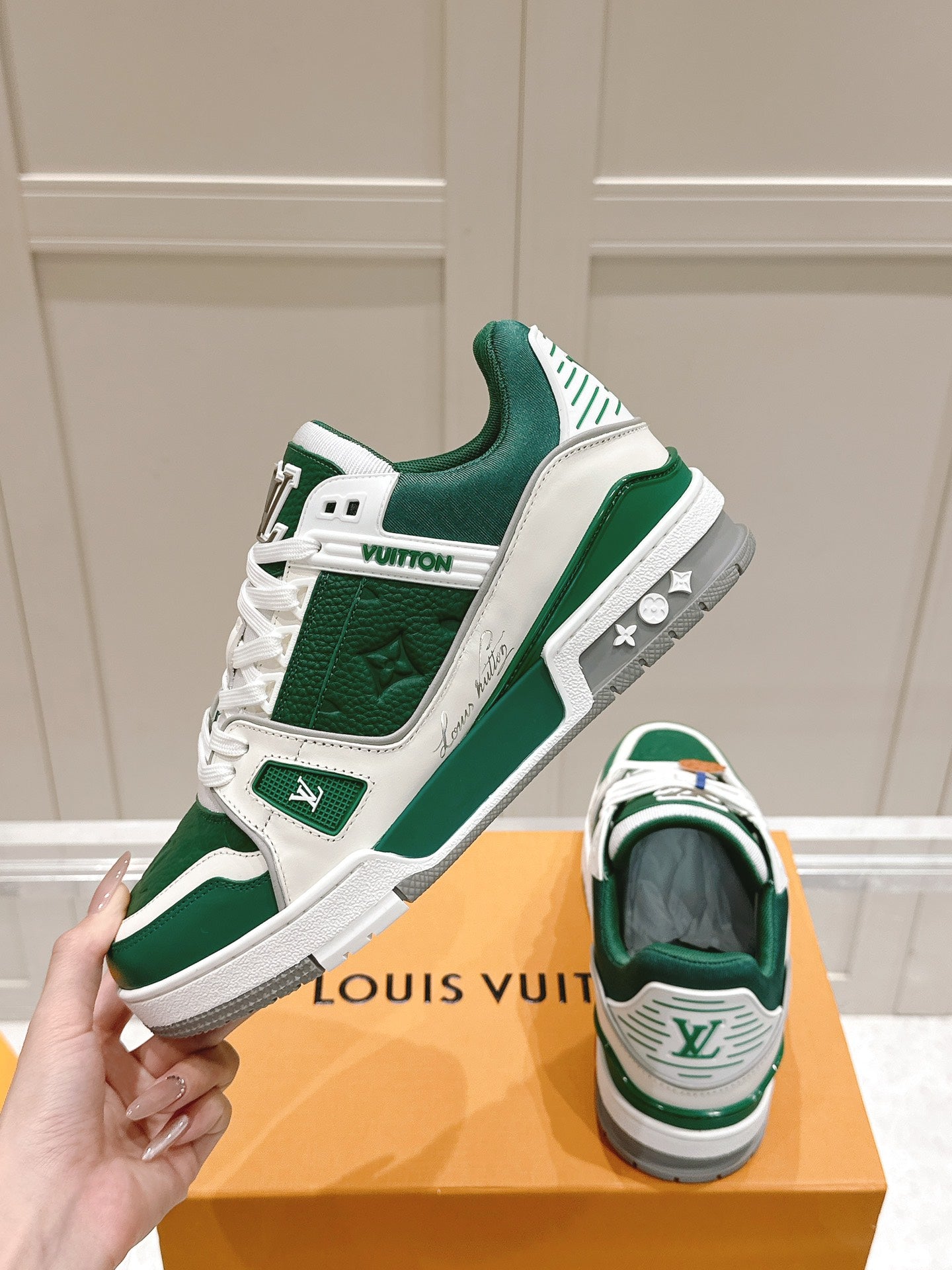LV TRAINER SNEAKER IN BORNEO GREEN GRAINED CALFSKIN