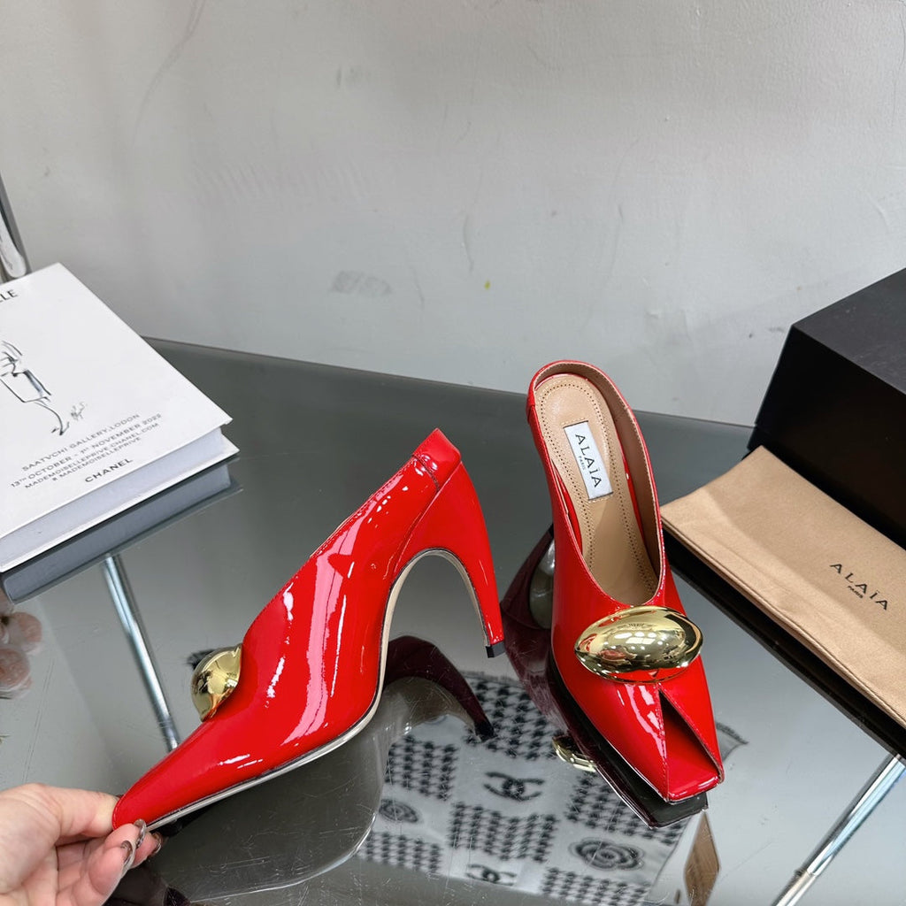 ALAIA AZZEDINE HIGH HEELS IN CHERRY RED CALFSKIN WITH GOLD HARDWARE