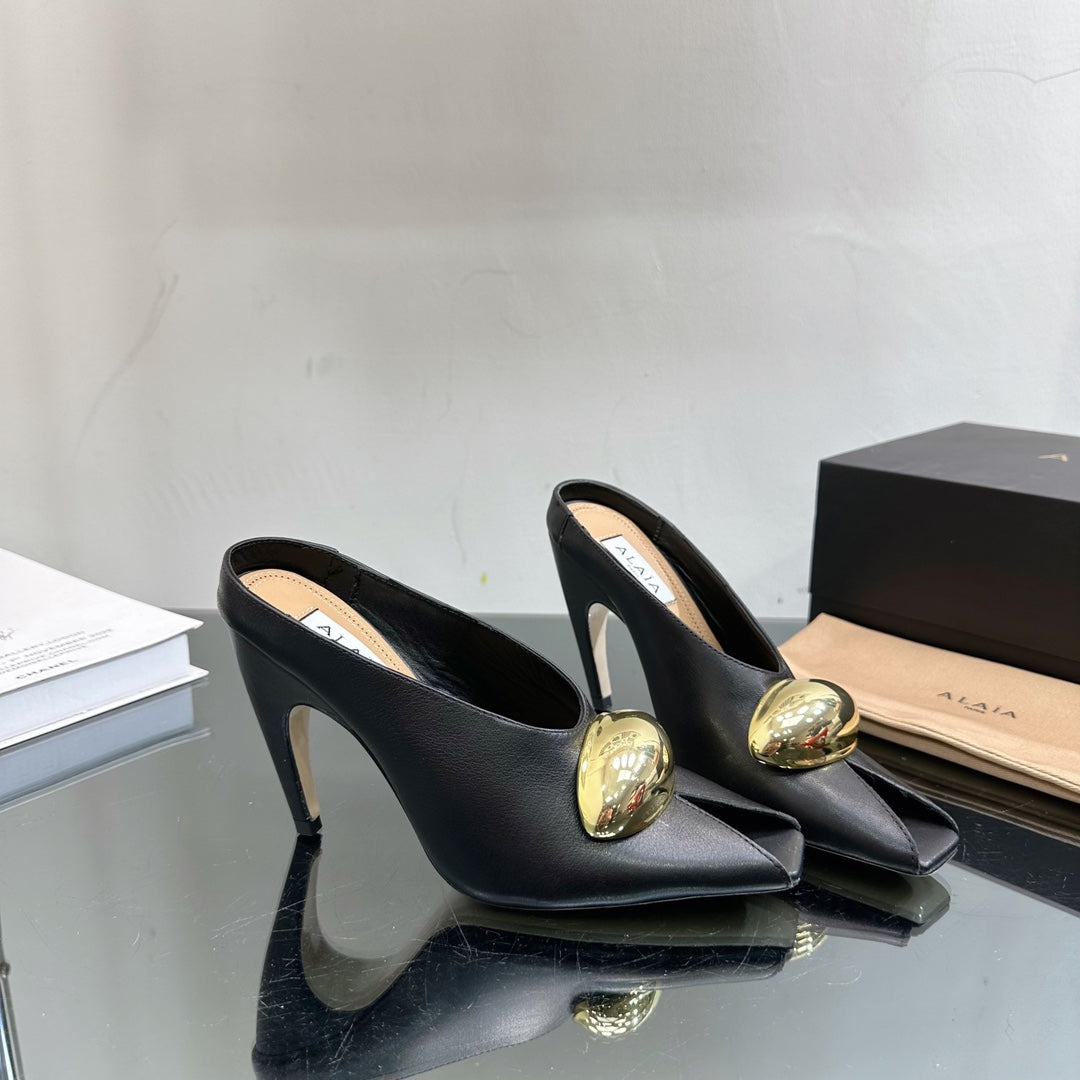 ALAIA AZZEDINE HIGH HEELS IN BLACK CALFSKIN WITH GOLD HARDWARE