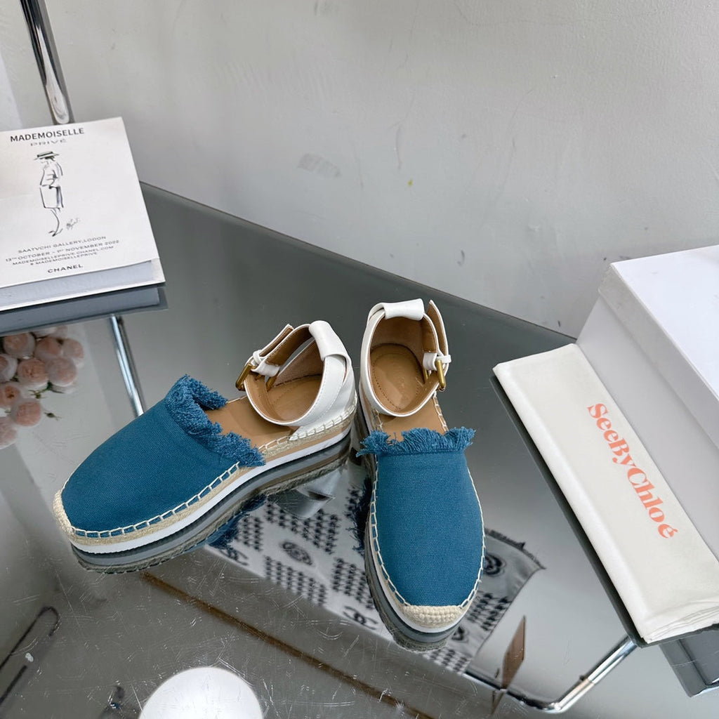 SEE BY ESPADRILLES SANDAL IN CERULEAN BLUE FABRIC AND WHITE CALFSKIN