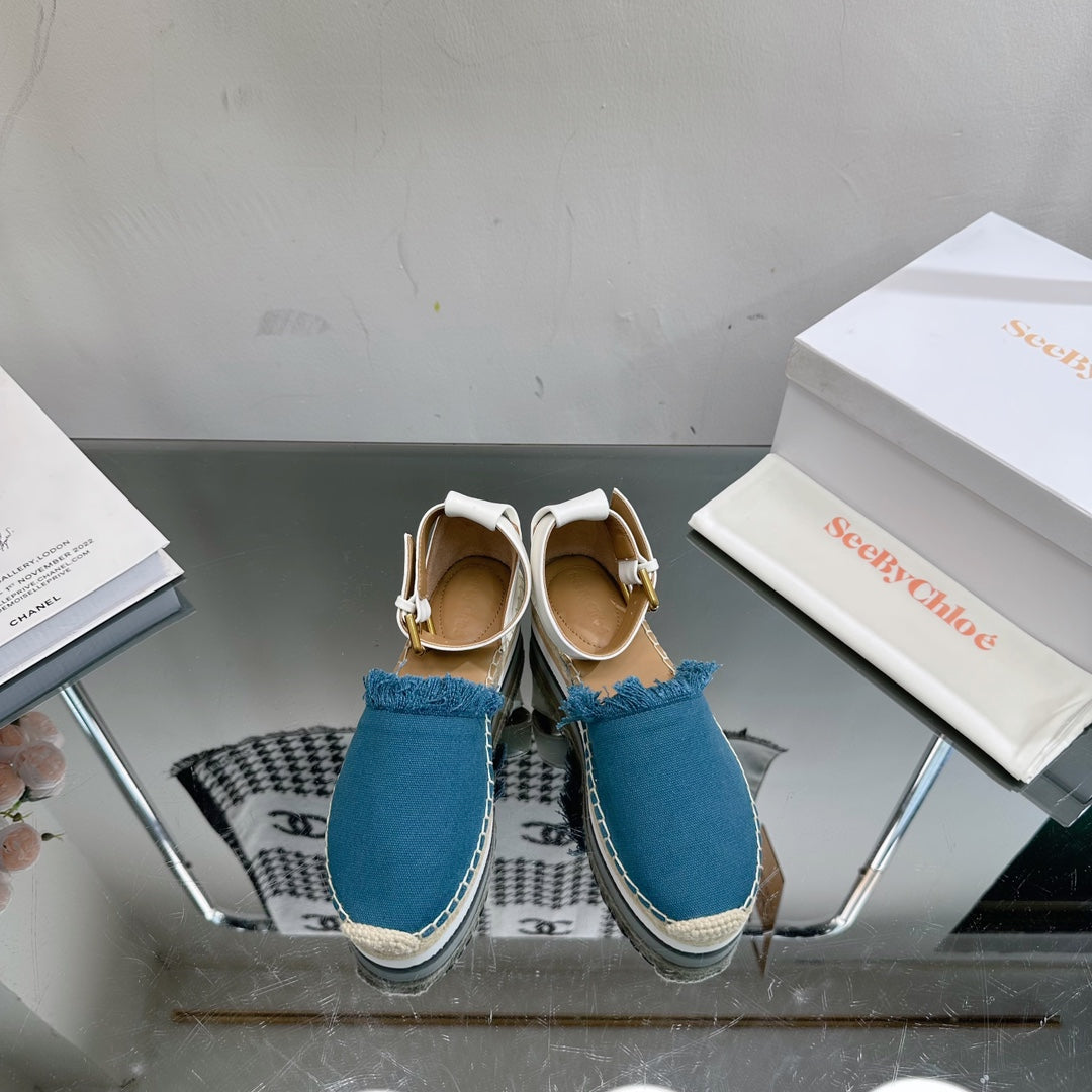 SEE BY ESPADRILLES SANDAL IN CERULEAN BLUE FABRIC AND WHITE CALFSKIN